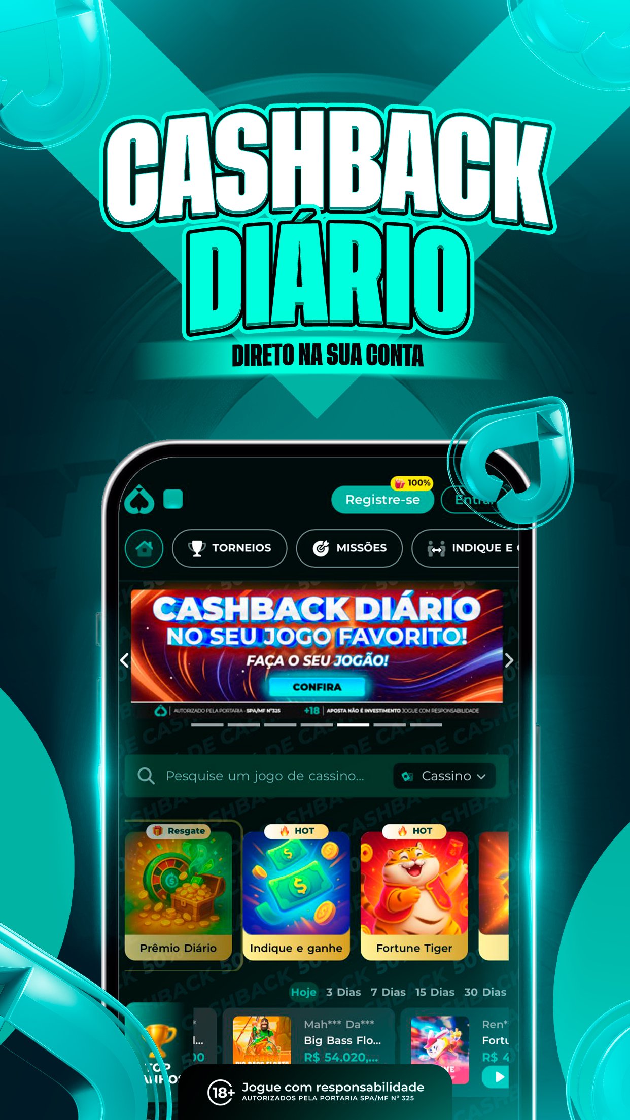 Banner da Jogão com o título Cashback diário direto na sua conta e a versão mobile do site com banner Cashback diário no seu jogo favorito